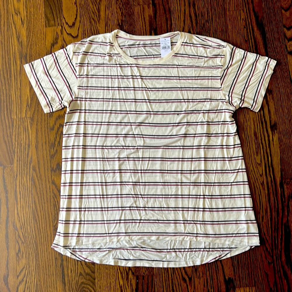 American Eagle Outfitters Cream and Brown Striped Short Sleeve Tee